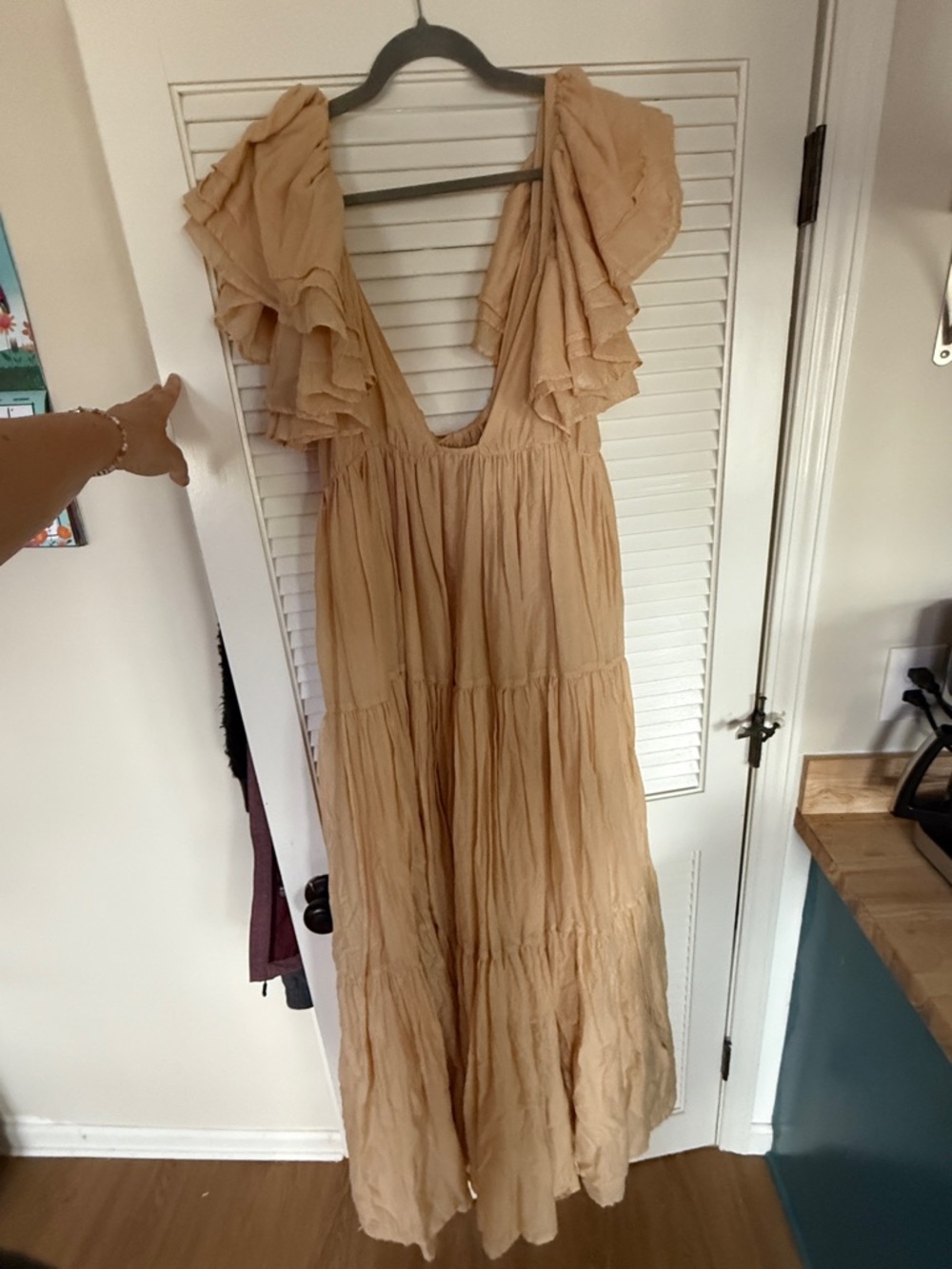 Tiered Maxi Dress in Light Tan with Ruffle Sleeves